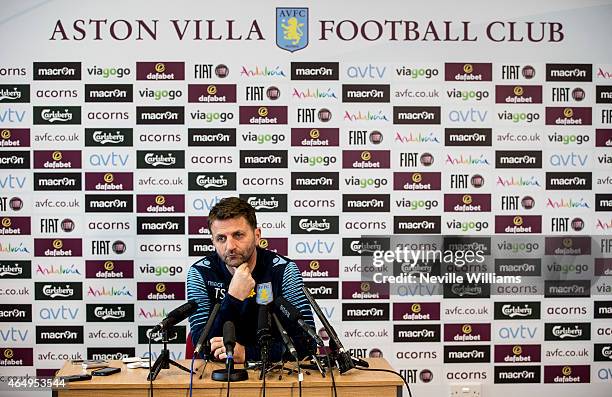 Manager Tim Sherwood of Aston Villa talks during a press conference at Bodymoor Heath training ground on March 02, 2015 in Birmingham, England.