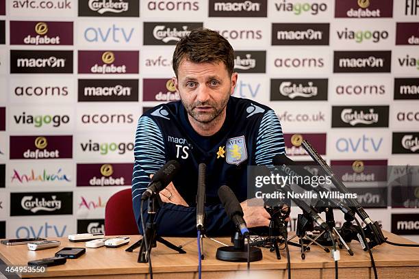 Manager Tim Sherwood of Aston Villa talks during a press conference at Bodymoor Heath training ground on March 02, 2015 in Birmingham, England.