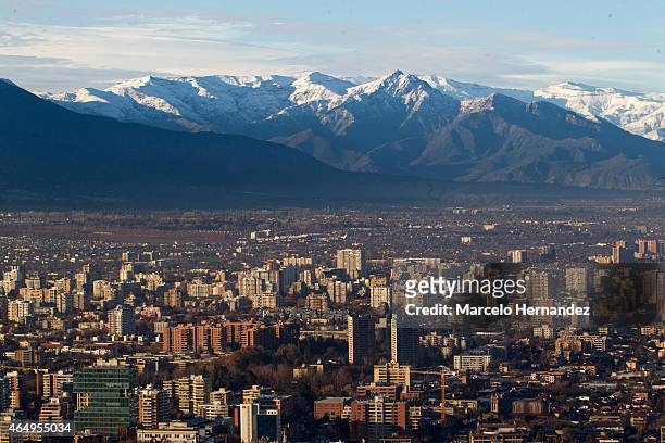 Aerial view of Santiago de Chile and the Andes on February 14, 2015 in Santiago de Chile, Chile. Santiago will be one of the eight host cities of the...
