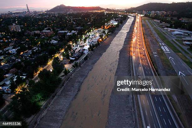 Aerial view of Mapocho river on February 14, 2015 in Santiago de Chile, Chile. Santiago will be one of the eight host cities of the next Copa America...