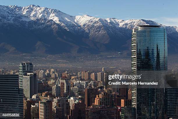 View of Titanium Tower and the Andes on the back on February 14, 2015 in Santiago de Chile, Chile. Santiago will be one of the eight host cities of...