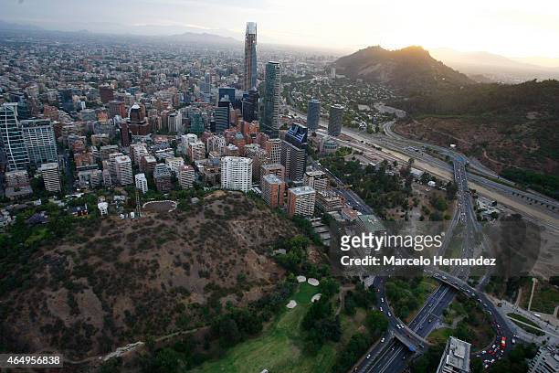 Aerial view of Santiago de Chile on February 14, 2015 in Santiago de Chile, Chile. Santiago will be one of the eight host cities of the next Copa...