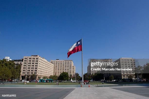 View of a Chilean flag at the entrance of Paseo Bulnes on February 23, 2015 in Santiago de Chile, Chile. Santiago will be one of the eight host...