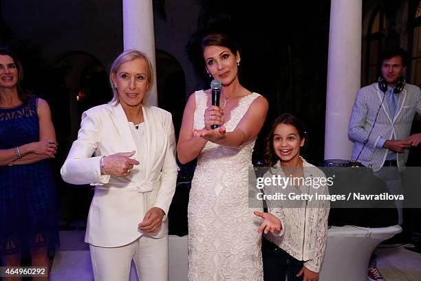 Martina Navratilova, Julie Lemigova and daughter Emma give a speech at the Martina Navratilova and Julie Lemigova wedding reception on February 14,...