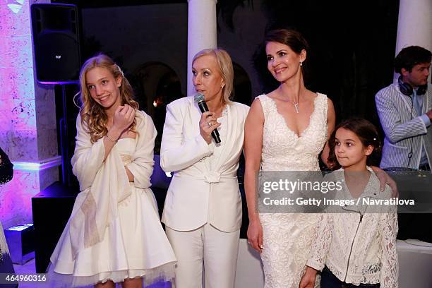 Martina Navratilova, Julie Lemigova and daughters Victoria and Emma give a speech at the Martina Navratilova and Julie Lemigova wedding reception on...