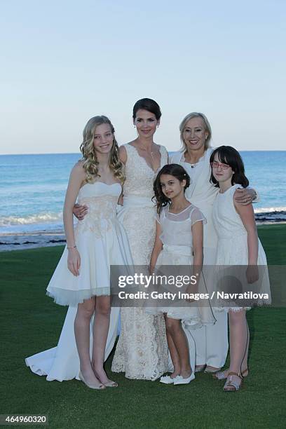 Julie Lemigova, Martina Navratilova, daughters Victoria and Emma and guest pose at the Martina Navratilova and Julie Lemigova wedding reception on...