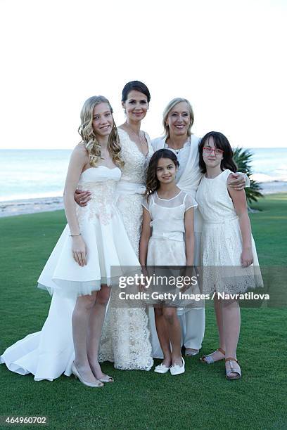 Julie Lemigova, Martina Navratilova, daughters Victoria and Emma and guest pose at the Martina Navratilova and Julie Lemigova wedding reception on...