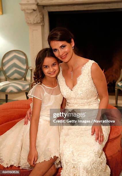 Julie Lemigova and daughter Emma pose at the Martina Navratilova and Julie Lemigova wedding reception on February 14, 2015 in Palm Beach.