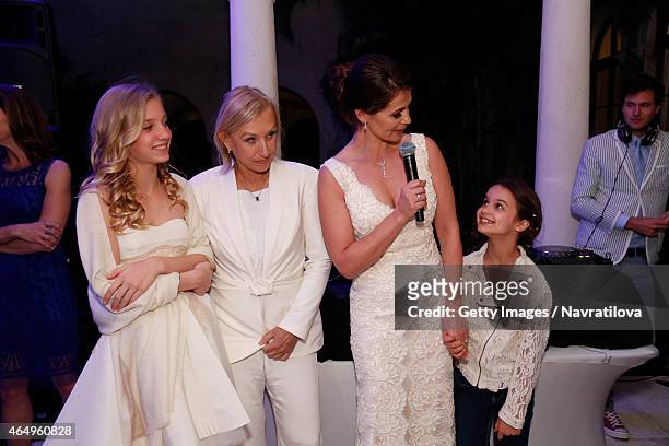 Martina Navratilova, Julie Lemigova and daughters Victoria and Emma give a speech at the Martina Navratilova and Julie Lemigova wedding reception on...