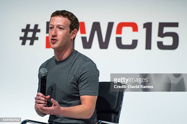 Founder and CEO of Facebook Mark Zuckerberg speaks during his keynote conference during the first day of the Mobile World Congress 2015 at the Fira...