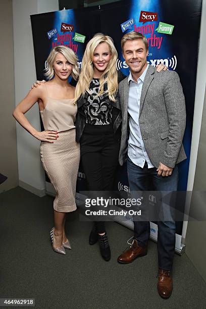 Dancers Julianne Hough and Derek Hough pose with host Jenny McCarthy during a visit to 'Dirty, Sexy, Funny with Jenny McCarthy' at the SiriusXM...