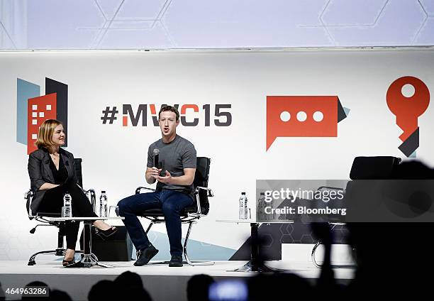 Mark Zuckerberg, co-founder and chief executive officer of Facebook Inc., right, speaks with Jessi Hempel, senior writer at Wired, during a keynote...