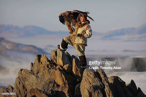 kazakh golden eagle hunter in altai mountains - montagnes altaï photos et images de collection