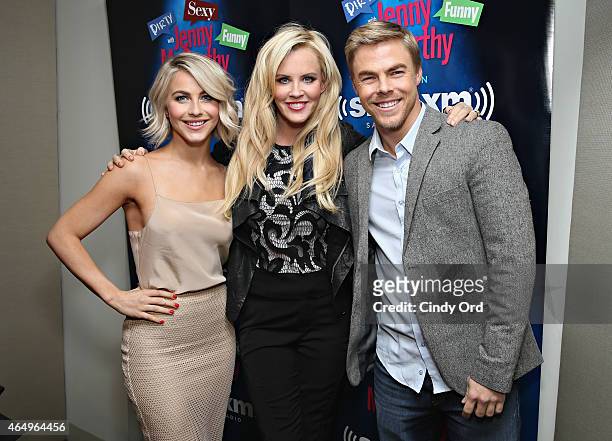 Dancers Julianne Hough and Derek Hough pose with host Jenny McCarthy during a visit to 'Dirty, Sexy, Funny with Jenny McCarthy' at the SiriusXM...