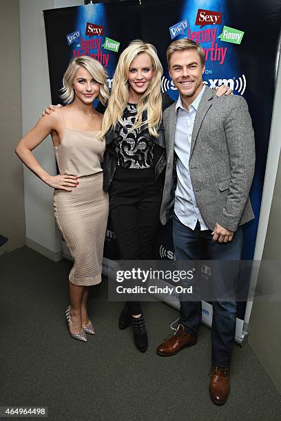 Dancers Julianne Hough and Derek Hough pose with host Jenny McCarthy during a visit to 'Dirty, Sexy, Funny with Jenny McCarthy' at the SiriusXM...