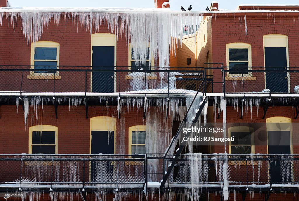 Icicle covered building