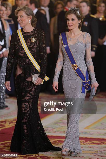 Queen Letizia of Spain and Maria Clemencia Rodriguez de Santos attend a Gala dinner at the Royal Palace on March 2, 2015 in Madrid, Spain.