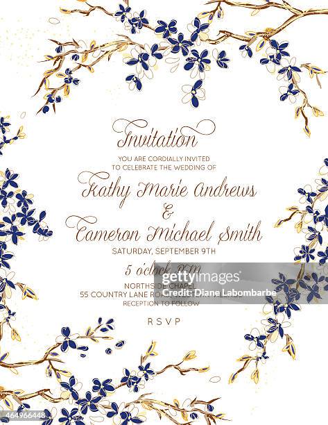 cherry blossom wedding invitation set - blue floral pattern stock illustrations