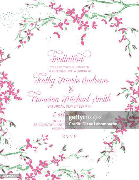 cherry blossom branch framed border vertical wedding invitation - wedding border stock illustrations