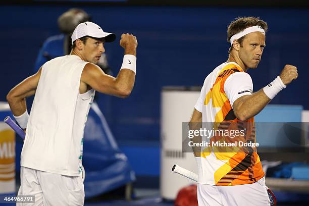 Lukasz Kubot of Poland and Robert Lindstedt of Sweden celebrates a point in their Men's Doubles Final against Eric Butorac of the United States and...