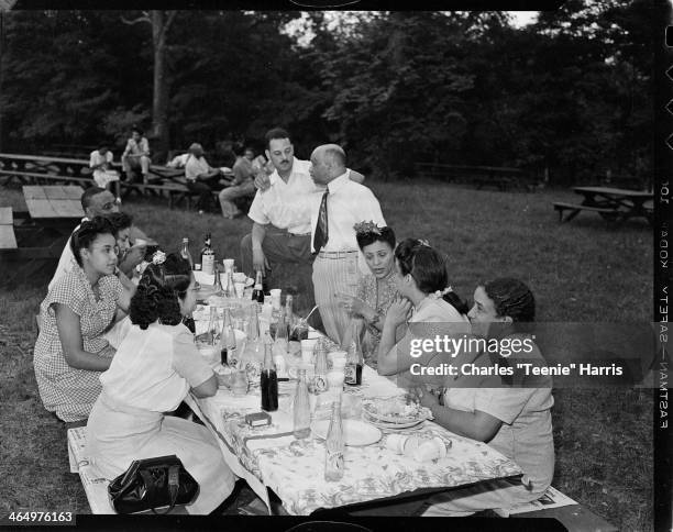 Women and men, including woman second from left wearing eyeglasses and gingham dress, and man wearing ribbon on belt, gathered around picnic table in...