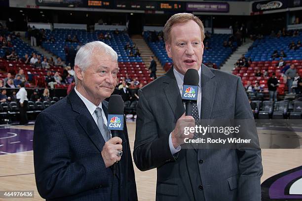 Sacramento Kings broadcasters Jerry Reynolds and Grant Napear cover the game between the San Antonio Spurs and Sacramento Kings on February 27, 2015...