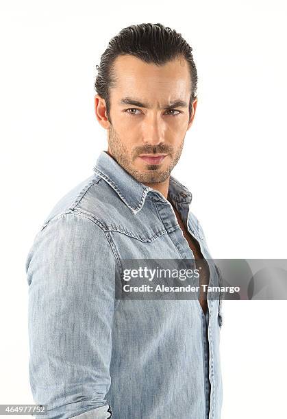 Aaron Diaz poses for an Entertainment Tonight photo session on January 29, 2015 in Miami, Florida.