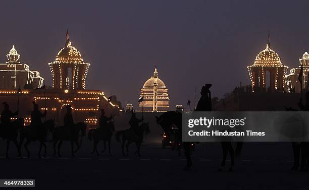 Raisina Hill is seen illuminated during rehearsals for the Beating the Retreat ceremony as the part of the Republic Day celebrations on January 24,...