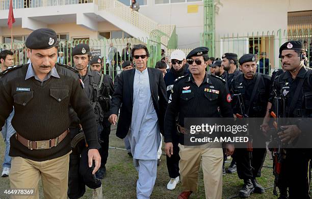 Former Pakistan cricketer turned politician Imran Khan arrives at the launch ceremony of a cricket talent search in Peshawar on January 25, 2014....