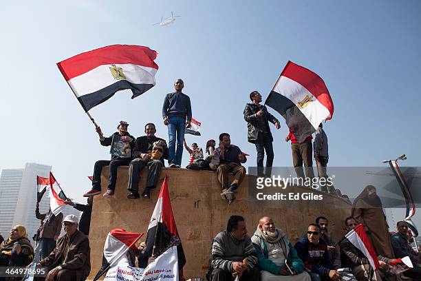 Supporters of Egyptian Defense Minister General Abdel Fattah al-Sisi gather in Tahrir Square to celebrate the third anniversary of Egypt's 2011...