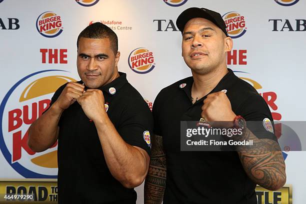 Undercard fighters, former Tongan Rugby captain Finau Maka and Butterbean pose for the media during a press conference at Papatoetoe Burger King on...