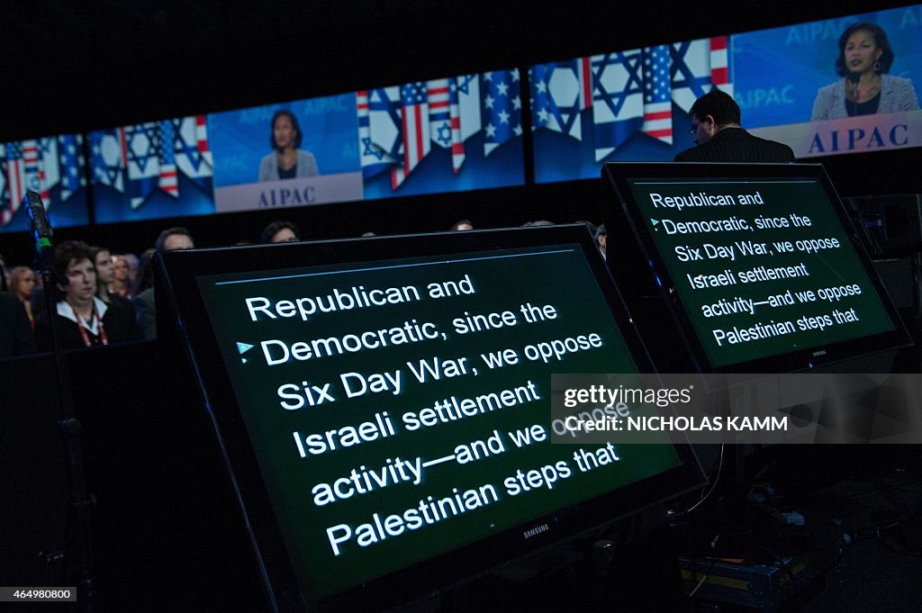 Aipac Security Teleprompters show part of the speech of US National Security Adviser ...