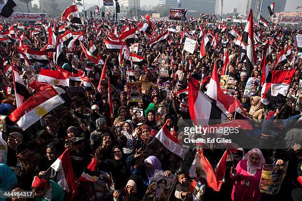 Supporters of Egyptian Defense Minister General Abdel Fattah al-Sisi gather in Tahrir Square to celebrate the third anniversary of Egypt's 2011...
