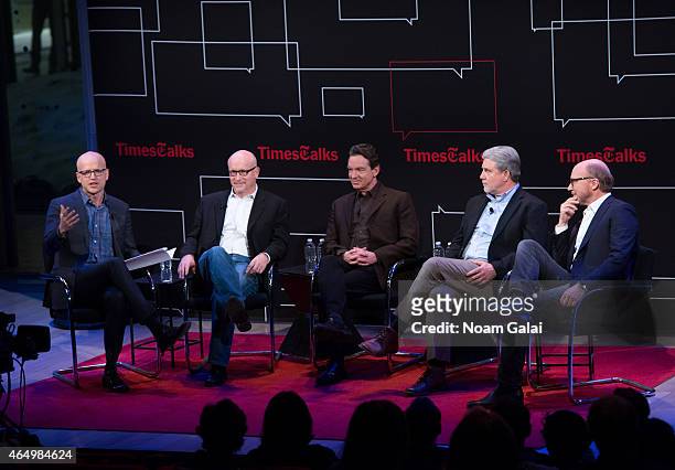 Logan Hill, Alex Gibney, Lawrence Wright, Mike Rinder and Paul Haggis attend a panel discussing the film 'Going Clear: Scientology and the Prison of...