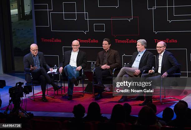 Logan Hill, Alex Gibney, Lawrence Wright, Mike Rinder and Paul Haggis attend a panel discussing the film 'Going Clear: Scientology and the Prison of...