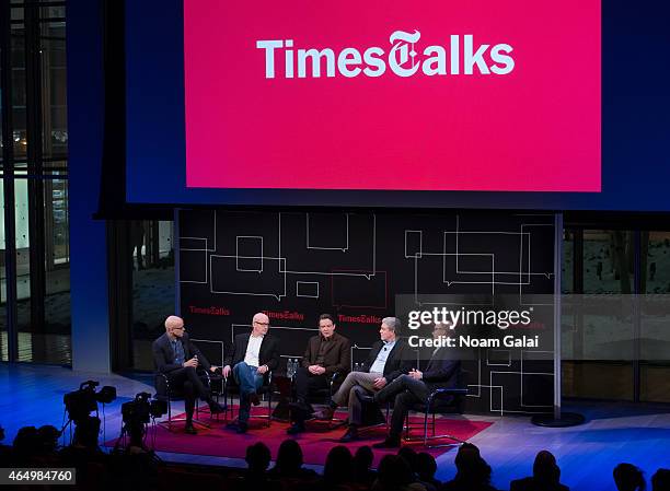 Logan Hill, Alex Gibney, Lawrence Wright, Mike Rinder and Paul Haggis attend a panel discussing the film 'Going Clear: Scientology and the Prison of...