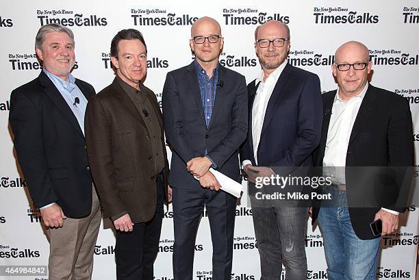 Mike Rinder, Lawrence Wright, Logan Hill, Paul Haggis, and Alex Gibney attend TimesTalks Presents An Evening With "Going Clear: Scientology and the...