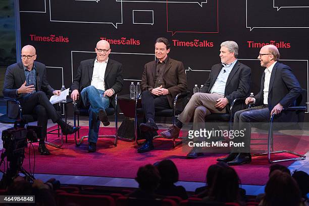 Logan Hill, Alex Gibney, Lawrence Wright, Mike Rinder, and Paul Haggis attend TimesTalks Presents An Evening With "Going Clear: Scientology and the...
