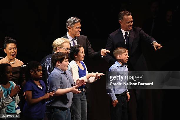 Meryl Streep, George Clooney and Tom Hanks perform onstage with SeriousFun Campers during SeriousFun Children's Network 2015 New York Gala: An...