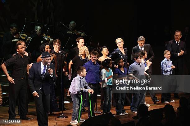 Aloe Blacc, Meryl Streep, George Clooney and Tom Hanks perform onstage with SeriousFun Campers during SeriousFun Children's Network 2015 New York...