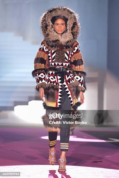 Model walks the runway at the Dsquared2 show during the Milan Fashion Week Autumn/Winter 2015 on March 2, 2015 in Milan, Italy.