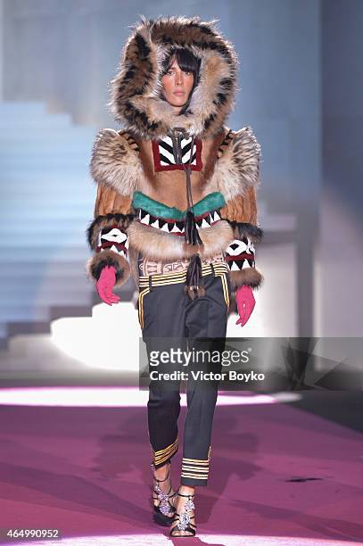 Model walks the runway at the Dsquared2 show during the Milan Fashion Week Autumn/Winter 2015 on March 2, 2015 in Milan, Italy.