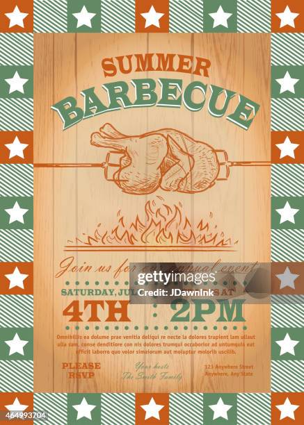 sommer-barbecue-hühnchen am spieß-einladung design-vorlage - annual red blue soiree stock-grafiken, -clipart, -cartoons und -symbole