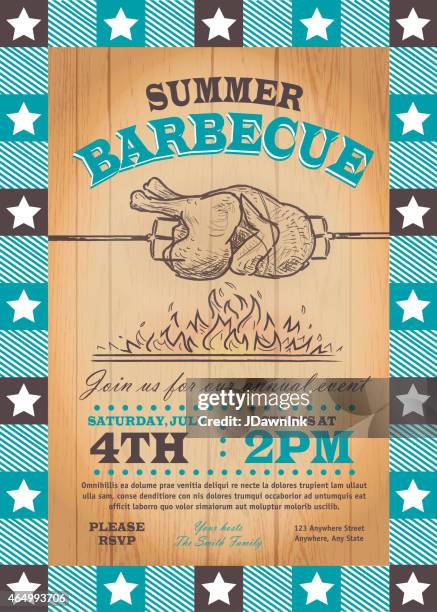 sommer-bbq chicken rotisserie einladung design-vorlage - annual red blue soiree stock-grafiken, -clipart, -cartoons und -symbole