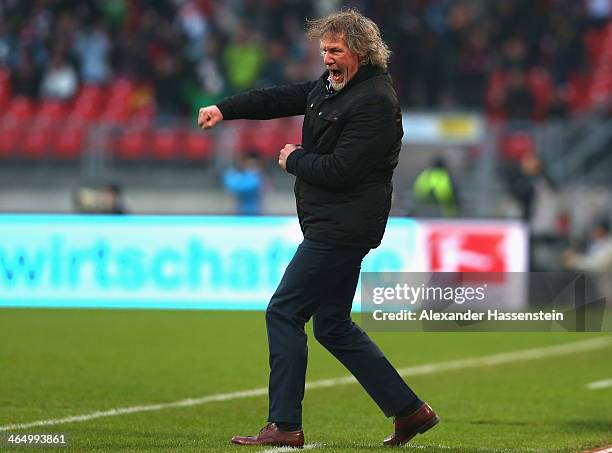 Gertjan Verbeek, head coach of Nuernberg celebrates his team's 3rd goal the Bundesliga match between 1. FC Nuernberg and TSG 1899 Hoffenheim at Easy...