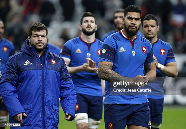 Rabah Slimani and Romain Taofifenua of France look on after the RBS Six Nations rugby match between France and Wales at Stade de France stadium on...