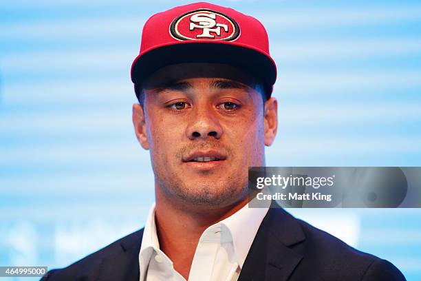 Jarryd Hayne speaks to the media during a press conference at the Telstra Amphitheatre on March 3, 2015 in Sydney, Australia. Hayne has signed a NFL...