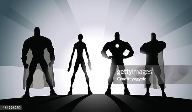 ilustraciones, imágenes clip art, dibujos animados e iconos de stock de vector en blanco y negro superhéroe equipo silhouette - cuatro personas