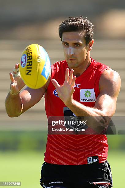 Matthew Pavlich of the Dockers marks the ball during a Fremantle Dockers AFL training session at Fremantle Oval on March 3, 2015 in Fremantle,...