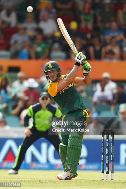 Faf du Plessis of South Africa bats during the 2015 ICC Cricket World Cup match between South Africa and Ireland at Manuka Oval on March 3, 2015 in...